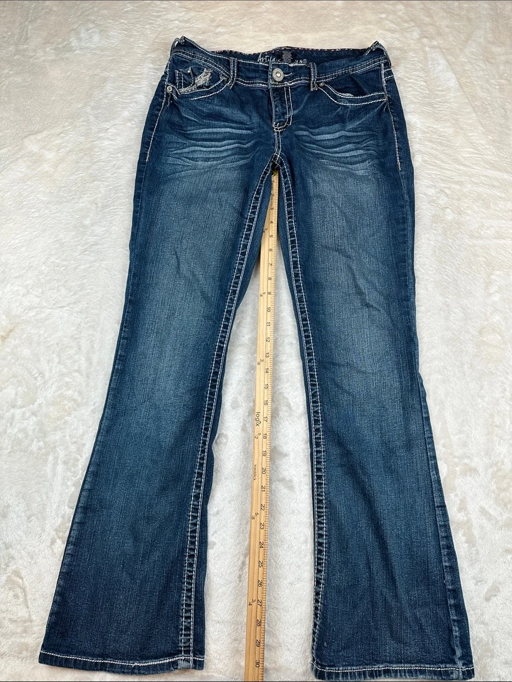 Ariya Jeans Womens 11/12 Bootcut Dark Wash Embellished Flap Pocket Stretch Y2K